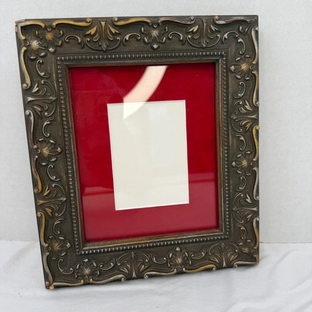 Vintage Ornate Baroque Bronze Gold Picture Frame Red Velvet Mat 8x9.25